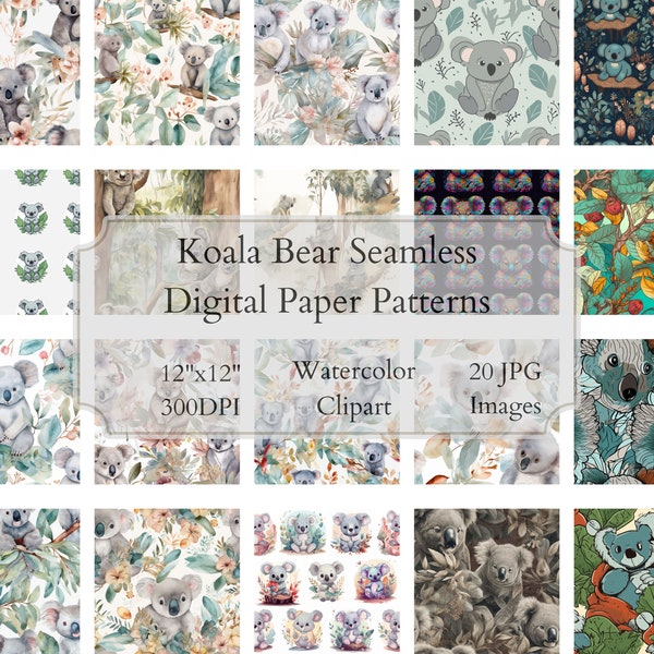 Koala Bear Seamless Digital Paper Pack, Koala Digital Paper, Australian Animal Seamless Scrapbook Paper - 20 - 12x12in 300DPI JPEG
