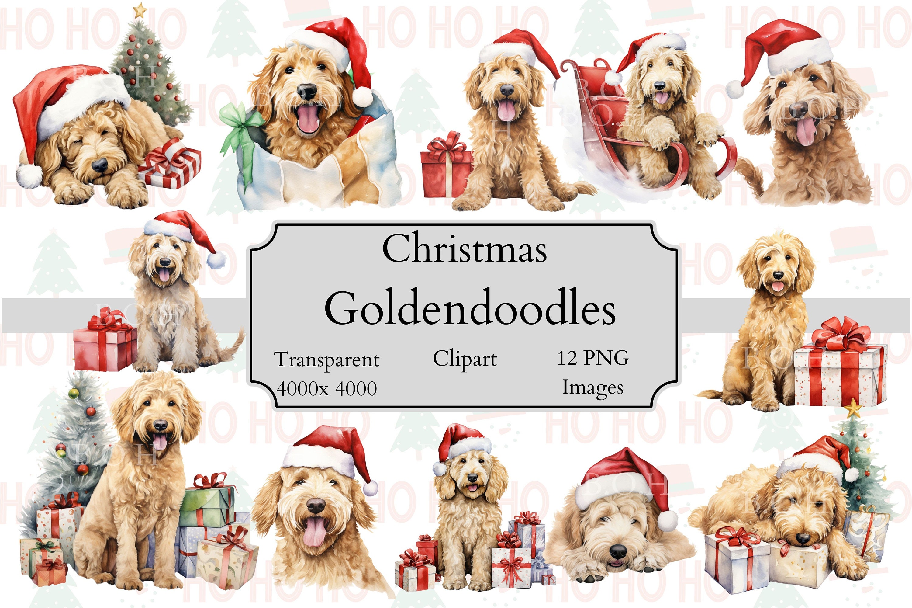 12 Christmas Goldendoodle Watercolor Clipart PNG Files, Transparent
