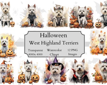 12 Halloween West Highland Terrier Watercolor Clipart PNG Files, Transparent West Highland Terrier Clipart Digital File, Halloween Westies