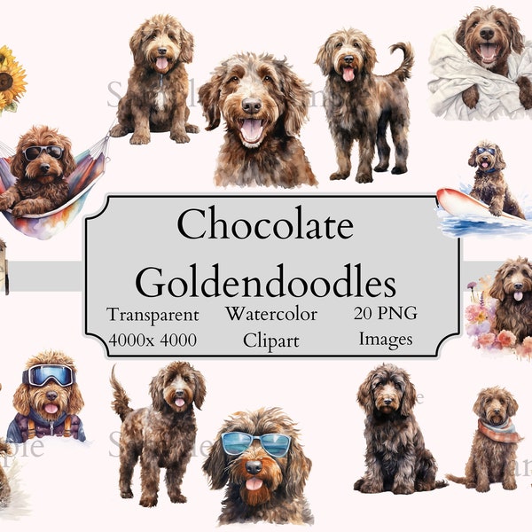 20 Cute Chocolate Goldendoodle Watercolor Clipart PNG Files, Transparent doodle Clipart Digital File, doodle Art, Goldendoodle Clipart PNG