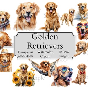 20 Cute Golden Retrievers Watercolor Clipart PNG Files, Transparent Golden Retriever Clipart Digital File, Golden Retrievers