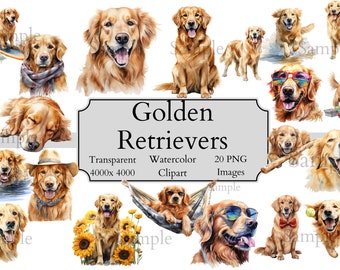 20 Cute Golden Retrievers Watercolor Clipart PNG Files, Transparent Golden Retriever Clipart Digital File, Golden Retrievers