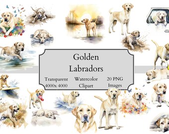 20 lindos archivos PNG de imágenes prediseñadas de acuarela de Labrador dorado, archivo digital de imágenes prediseñadas de Labrador dorado transparente, imágenes prediseñadas de Golden Labrador PNG