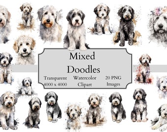 20 Cute Mixed Goldendoodle Watercolor Puppies Clipart PNG Files, Transparent Doodle Clipart Digital File, doodle Art, Goldendoodle Clipart