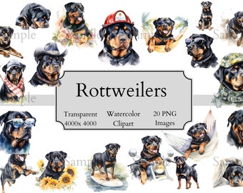20 süße Rottweiler Aquarell Clipart PNG-Dateien, transparente Rottweiler Clipart digitale Datei, Rottweiler Clipart PNG, Rottweiler