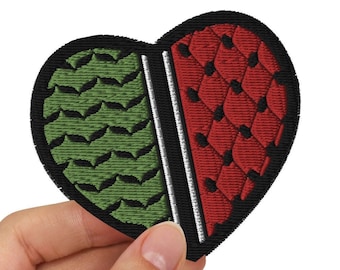クーフィヤ刺繍パッチ - 誇りを持って連帯を表明しましょう！ | ハート型パレスチナパッチ | アイロン接着、縫い付け、安全ピンで貼り付け