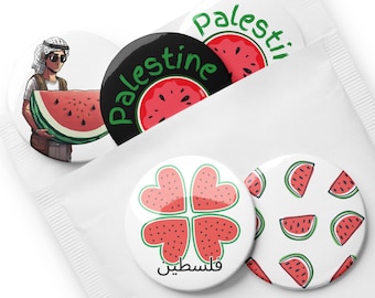Palestine Watermelon Pin Buttons [Set of 5], Palestine Solidarity Round Pin Buttons, Pin Badges