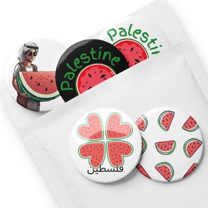 Palestine Watermelon Pin Buttons [Set of 5], Palestine Solidarity Round Pin Buttons, Pin Badges
