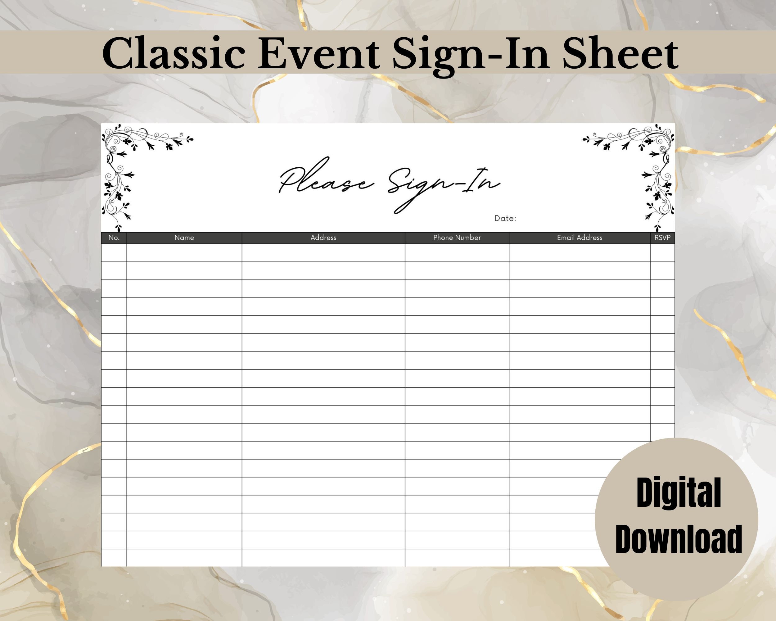 Event Sign in Sheet, Wedding Reception Sign in Sheet, Party Sign in