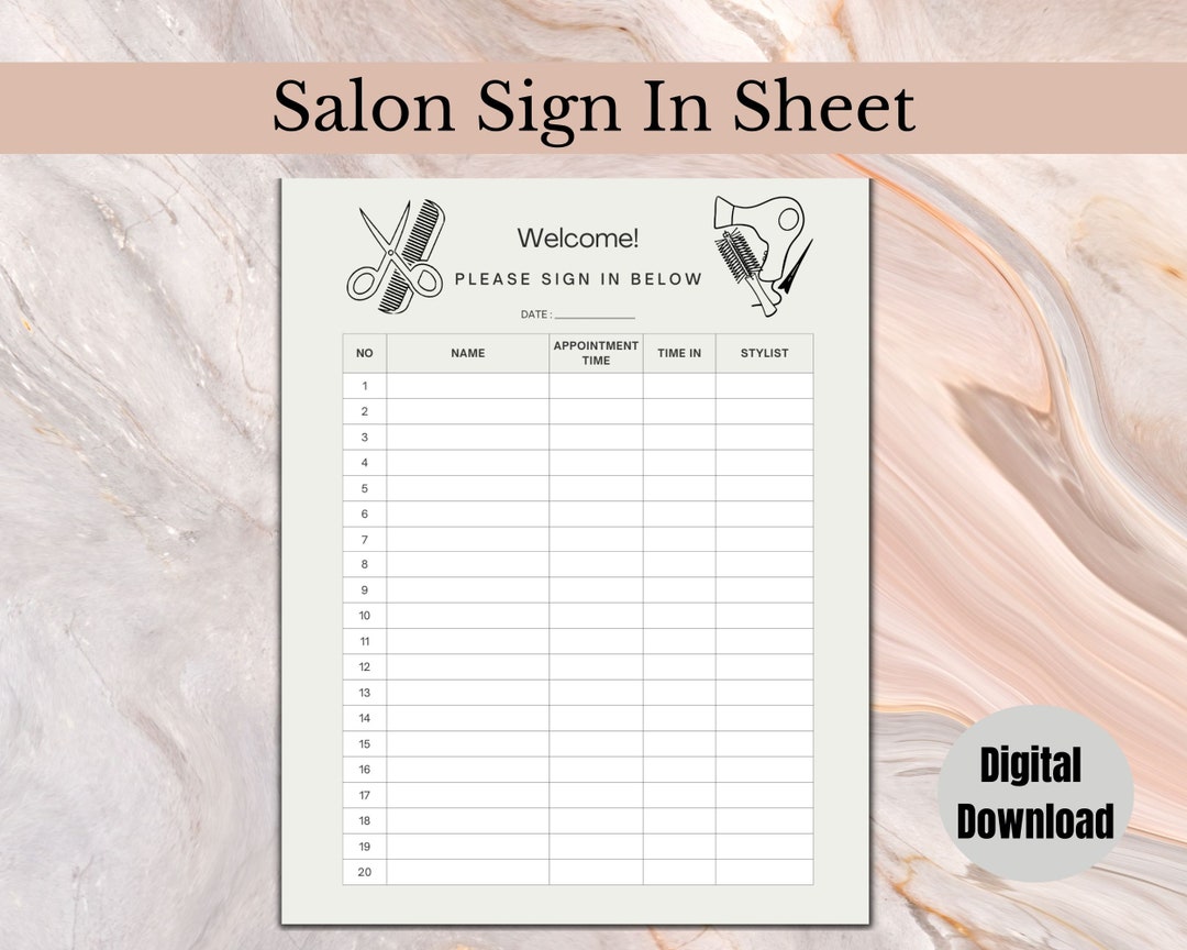 Salon Sign in Sheet, Beauty Shop Sign in Sheet, Hair Salon Sign In