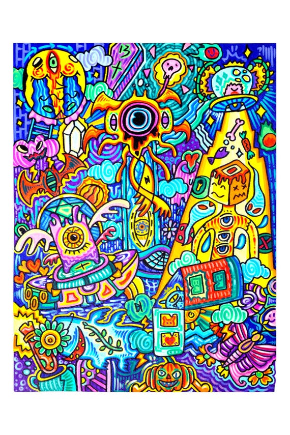 Psychedelic Doodle Art Original Acrylic Painting on Canvas