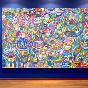 Large Psychedelic Doodle Wall Art – Hand Painted Acrylic on Canvas – Abstract Pop Art Original (120×80cm / 47.2×31.5in)