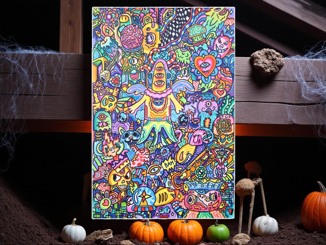 Colorful Psychedelic Doodle Wall Art – 40x60cm (15.7x23.6in) Hand