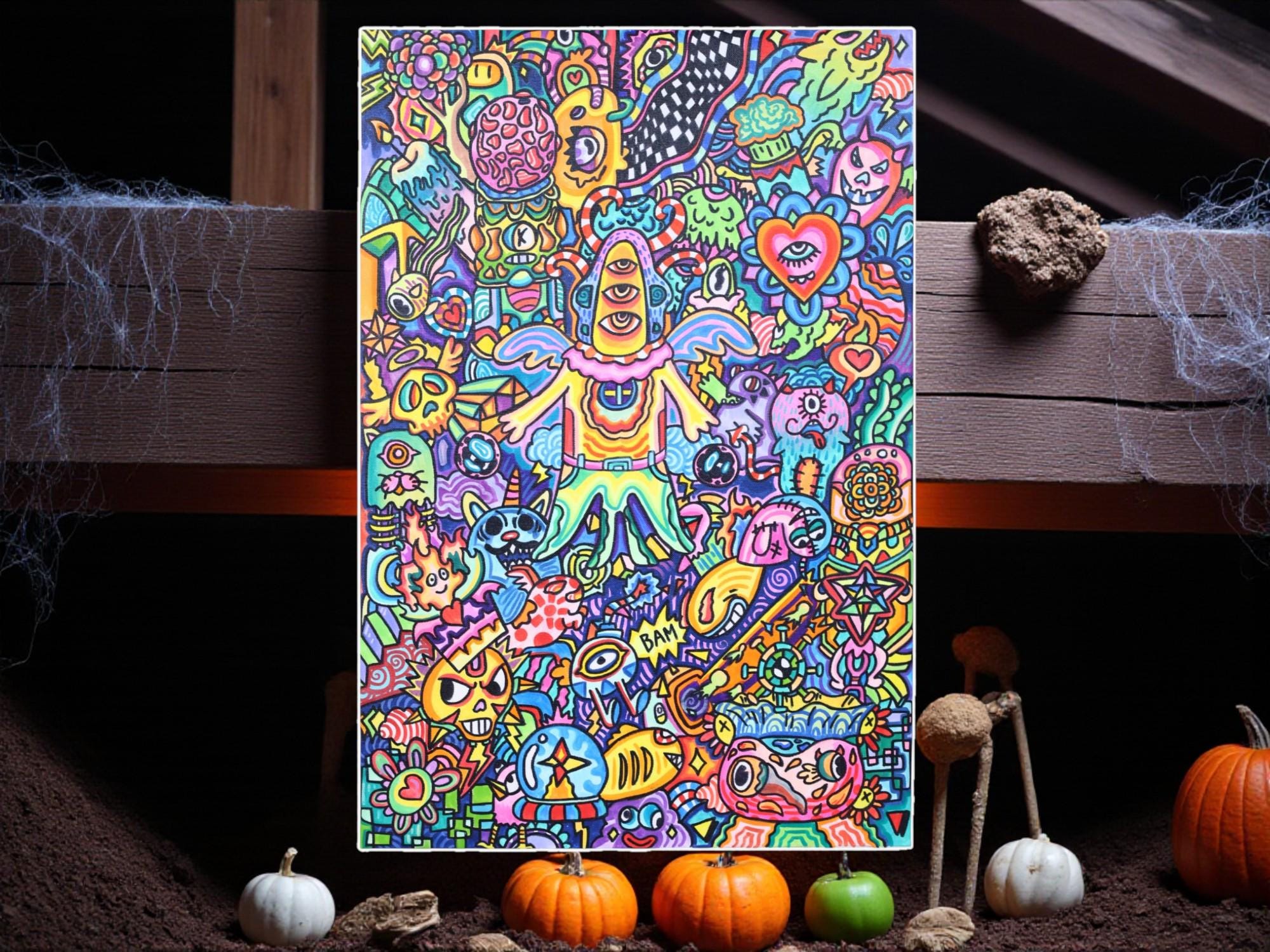 Colorful Psychedelic Doodle Wall Art – 40x60cm (15.7x23.6in) Hand