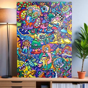 Original Psychedelic Doodle Art – Trippy Abstract Acrylic Painting on Canvas – Colorful Surreal Pop Art – Hand Painted Original Artwork