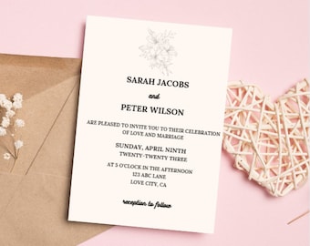 May include: Wedding invitation with a floral design at the top. The invitation reads "Sarah Jacobs and Peter Wilson are pleased to invite you to their celebration of love and marriage Sunday, April Ninth Twenty-Twenty Three at 5 o'clock in the afternoon 123 ABC Lane Love City, CA reception to follow"