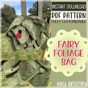 Puede incluir: Un bolso de hojas de hadas verde con detalles en forma de hojas y una aplicación de mariquita. El bolso presenta detalles colgantes de cuentas con cuentas rojas y plateadas. La imagen incluye el texto "Instant Download PDF Pattern Fully Customizable" y "Fairy Foliage Bag."