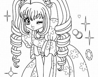 Può includere: Illustrazione in bianco e nero di un personaggio in stile anime sorridente, con lunghi capelli ricci e un vestito floreale. Gli accessori includono una collana, un braccialetto e gemme scintillanti. Stelle e altri elementi decorativi circondano la figura.