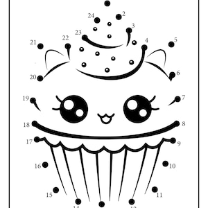 May include: A black and white connect-the-dots activity featuring a cute cupcake with a smiling face and a swirl on top. The numbers 1 through 24 are scattered around the image.