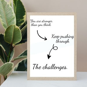 Puede incluir: Un póster motivacional enmarcado en blanco con texto negro que dice "Eres más fuerte de lo que piensas. Sigue empujando a través de los desafíos."