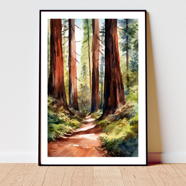 Redwood National Park Print, Redwood Watercolor Art Decor, National Park Poster, California Watercolor Wall Art, Redwood Trees Painting