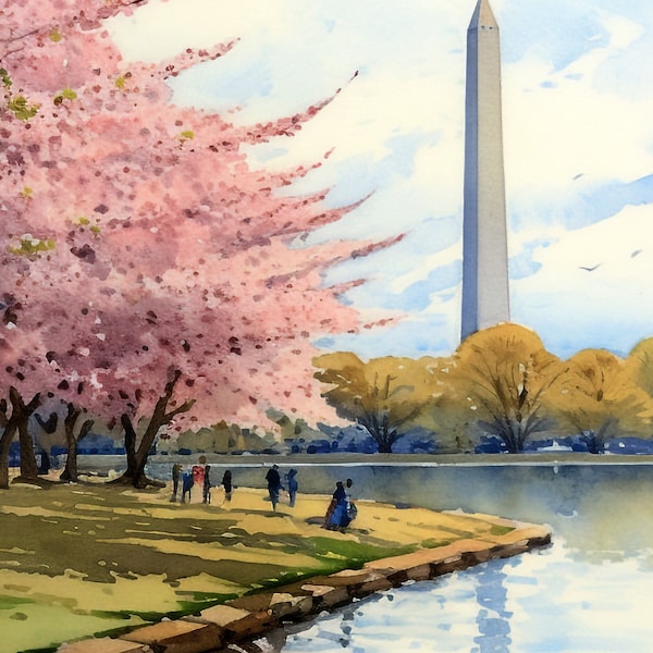 Washington DC Watercolor Print, Tidal Basin Cherry Blossoms, National Park Poster, Cherry Blossom Watercolor Poster