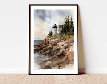 Acadia National Park Print, Maine Watercolor Art Decor, National Park Poster, Acadia Watercolor Wall Art,  Bass Harbor Head Light Station