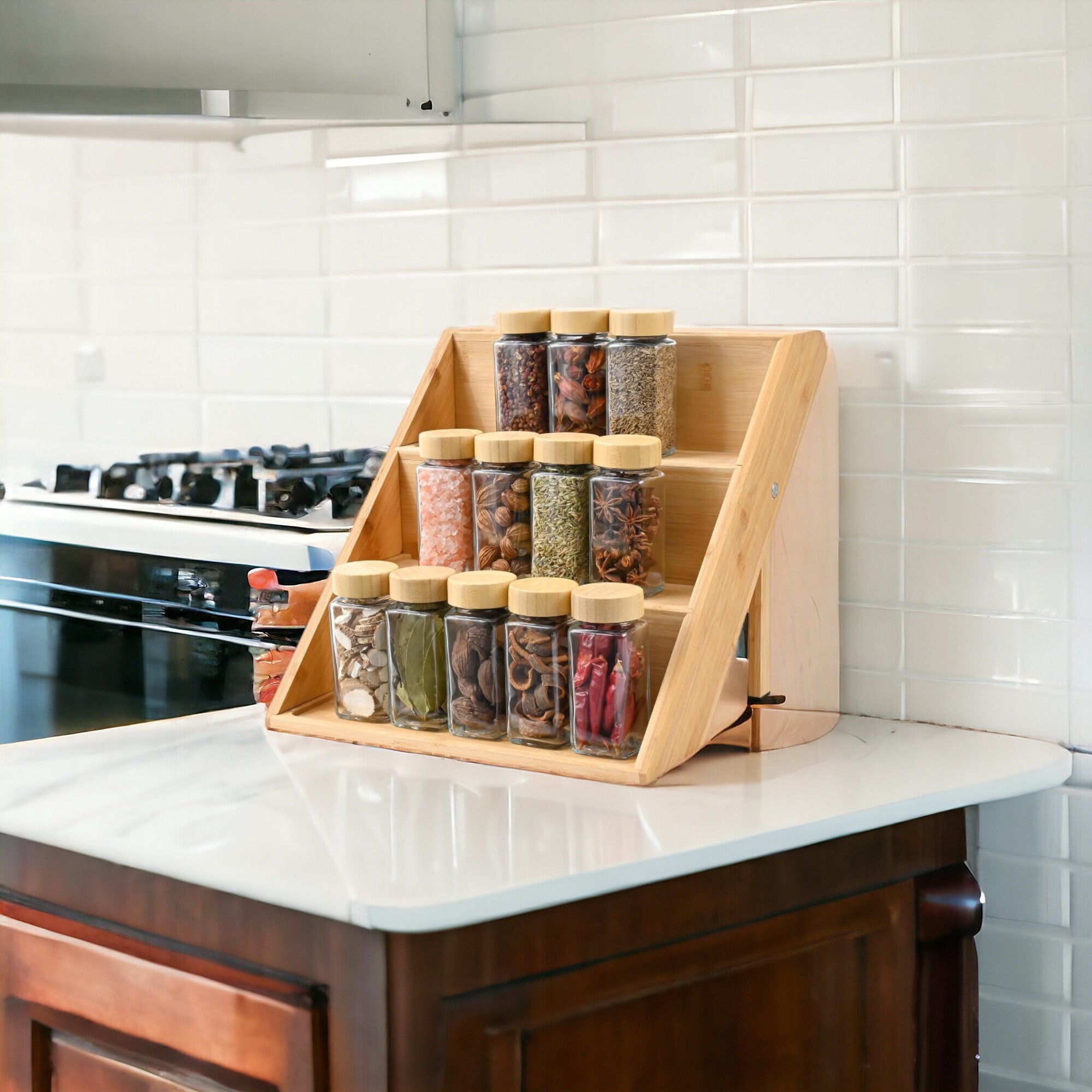 Simhoo Bamboo Spice Rack In-Drawer Kitchen Cabinet Spice 18 Bottle Holder for Storage/Organizer 3-Tier