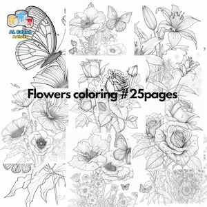 Flowers #20 pages coloring book | Spring coloring pages | garden coloring pages | digital coloring pages