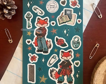 Grunge Fox and Stars Sticker Sheet | Waterproof Matte Vinyl Kiss Cut Sticker Sheet