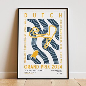 May include: A poster with a blue and yellow abstract design of the Zandvoort race track. The poster reads "DUTCH GRAND PRIX 2024" and includes details about the race, such as the date, location, and track length.