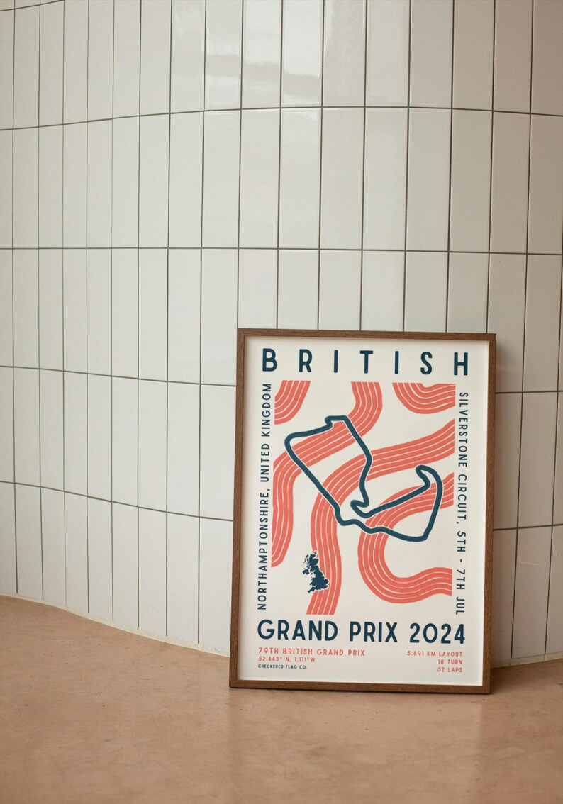 May include: A framed poster with a white background and a blue and red illustration of the Silverstone Circuit race track. The poster is titled "British Grand Prix 2024" and includes the location, date, and race details.