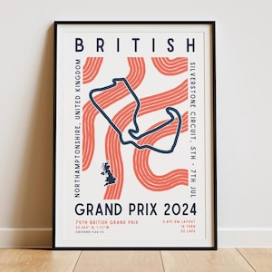 May include: A poster with a minimalist design featuring a stylized map of the Silverstone Circuit in red and blue. The text "BRITISH GRAND PRIX 2024" is in bold, navy blue lettering. The poster also includes the location and date of the race: "Northamptonshire, United Kingdom, Silverstone Circuit, 5th - 7th Jul".