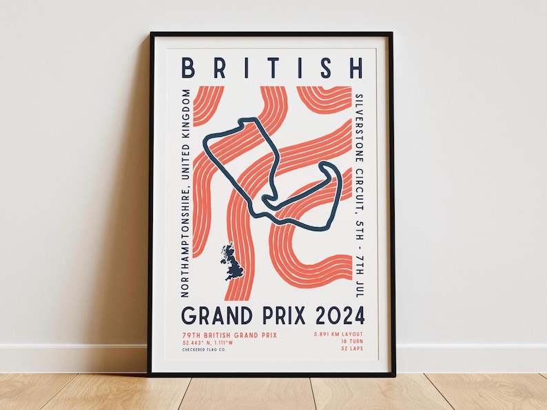 May include: A poster with a minimalist design featuring a stylized map of the Silverstone Circuit in red and blue. The text "BRITISH GRAND PRIX 2024" is in bold, navy blue lettering. The poster also includes the location and date of the race: "Northamptonshire, United Kingdom, Silverstone Circuit, 5th - 7th Jul".
