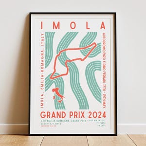 May include: A poster with a minimalist design featuring the Imola circuit in red on a white background with teal blue lines. The text reads "IMOLA, EMILIA-ROMAGNA, ITALY, AUTODROMO ENZO E DINO FERRARI, 17TH-19TH MAY, GRAND PRIX 2024, 4TH EMILIA ROMAGNA GRAND PRIX, 4.909 KM LAYOUT, 44.202° N, 11.434° E, 19 TURNS, 63 LAPS".