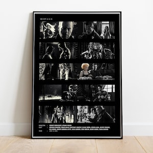 May include: Black and white poster with a grid of movie stills from the film "Sin City". The poster includes the film's title, director, cast, and year.