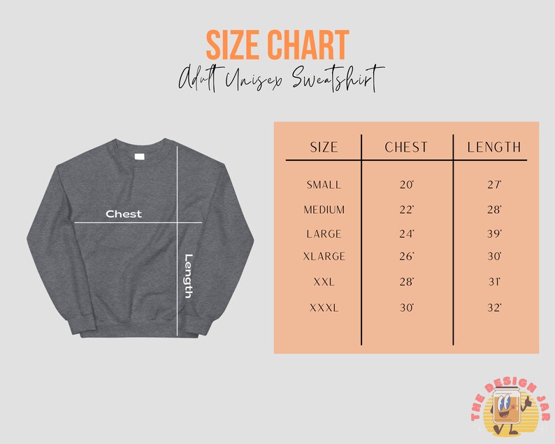 May include: Size chart for an adult unisex sweatshirt. The chart shows chest and length measurements in inches for sizes small through XXXL.