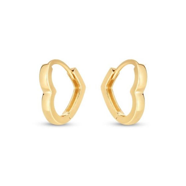 14k Yellow Gold 13MM Heart Huggie Shiny Lite Tube Hoop Earrings