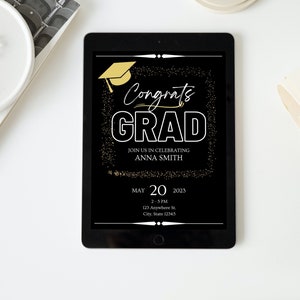 Animated Digital Graduation Party Invitation Black And Gold, Instant PDF Download, Customizable Digital Template