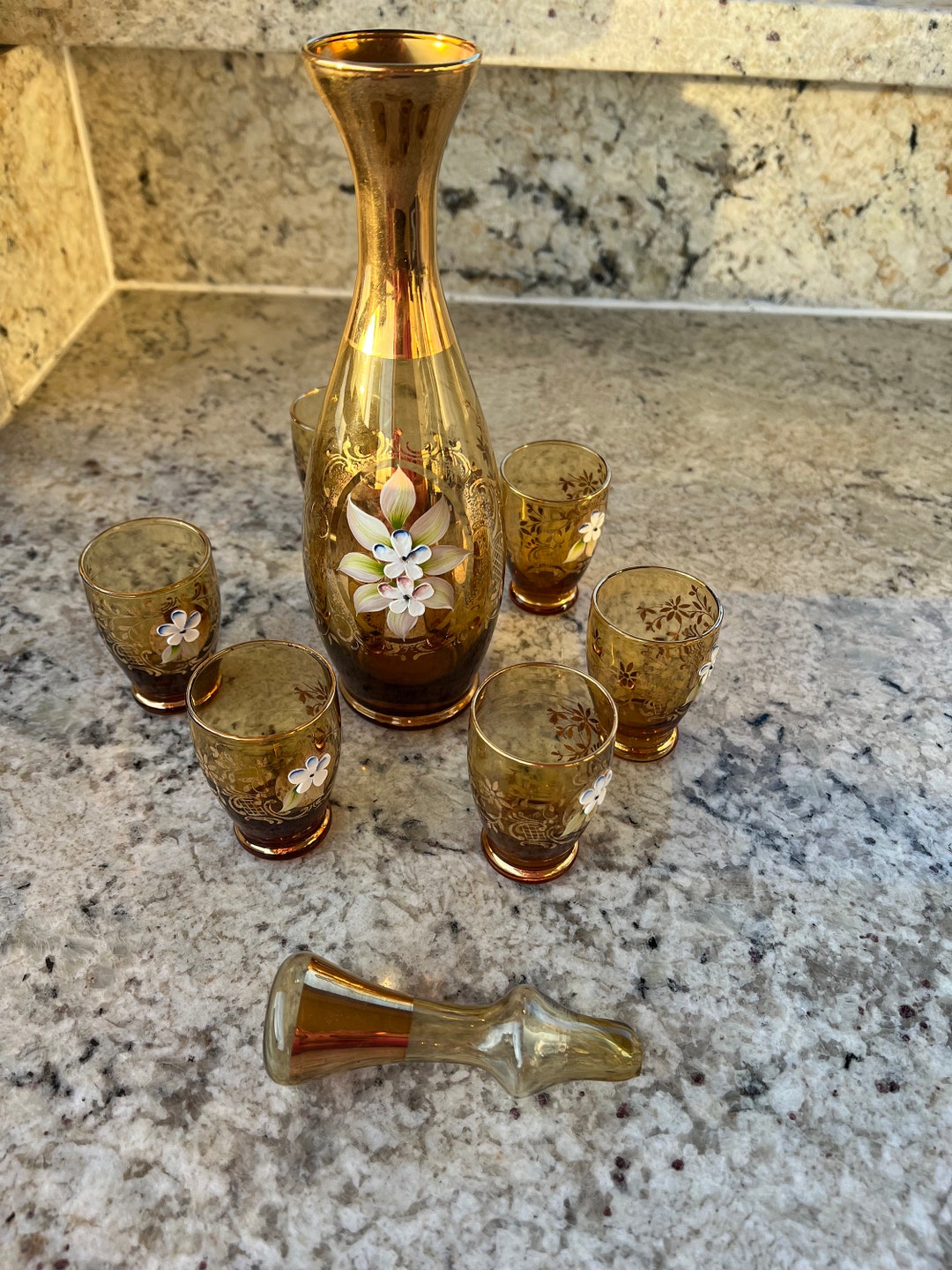 Italian Glass Decanter Set, Amber Gold With Tre Fuochi Design