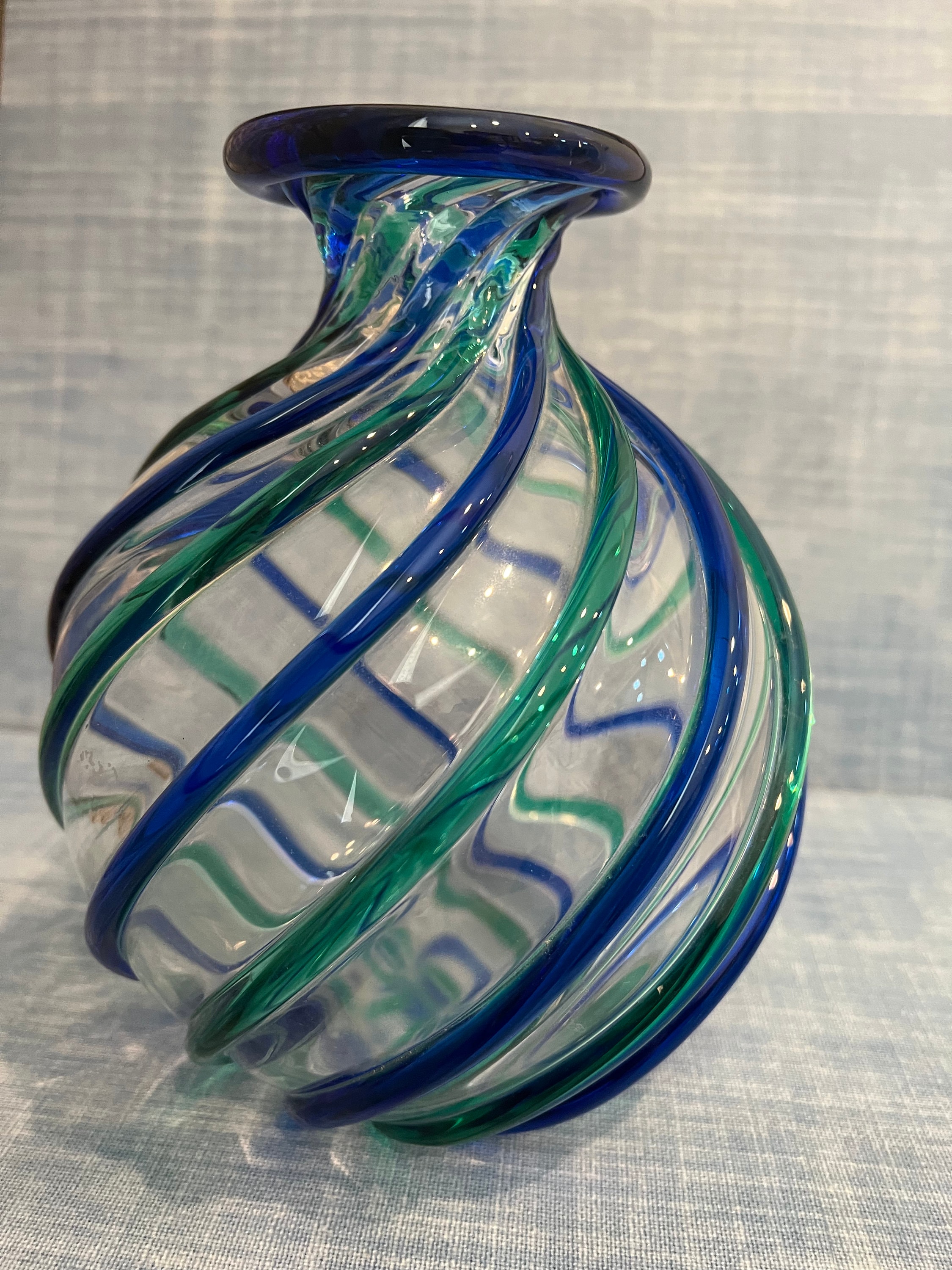 Blue and Green Appliqué Murano Glass Swirl Vase by Archimede