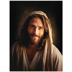 May include: A portrait of a man with long brown hair and a beard, wearing a light brown robe. He is smiling and looking directly at the viewer.