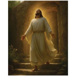 Affiche sans cadre de résurrection de Jésus à l&#39;aube victorieuse | Art mural chrétien « Il est ressuscité » | Impression de tombeau vide du matin de Pâques | Cadeau décoratif religieux