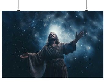 May include: A man with long hair and a beard, wearing a long robe, stands with his arms outstretched against a dark blue background with white stars. He looks up at a bright light in the sky.
