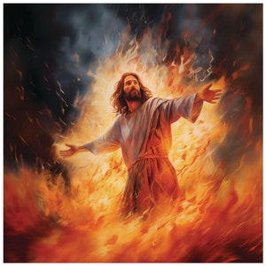 May include: A painting of a man with long hair and a beard standing in a sea of flames. He is wearing a long robe and has his arms outstretched. The flames are orange and yellow and are swirling around him.