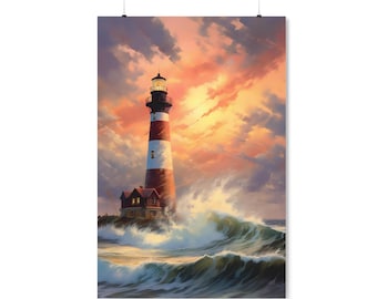 Lighthouse Sunset Poster | Nautical Coastal Wall Art