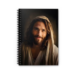May include: A painting of a man with long brown hair and a beard, wearing a white robe. He is looking directly at the viewer with a gentle smile.