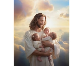 Jesus Holding Triplets Poster - Unframed Vertical Poster - Jesus Holding Babies - Jesus Art - Jesus Christ - AI Wall Art - Christian Artwork
