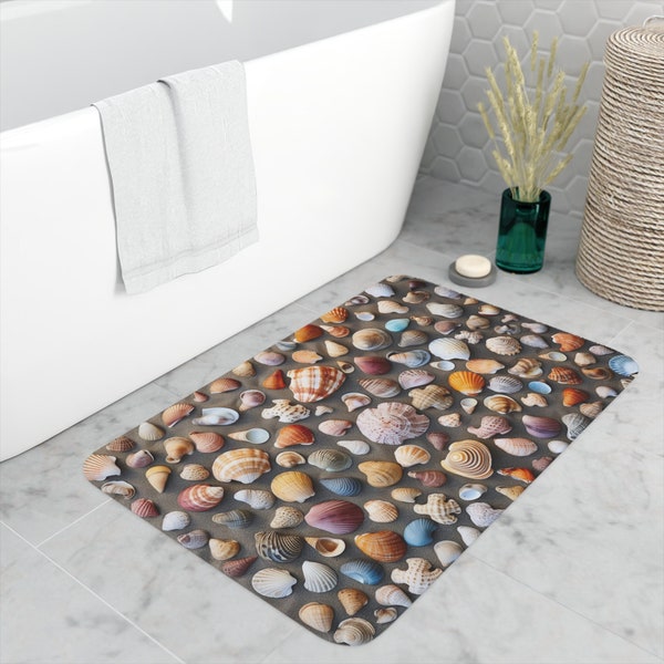 Seashells Bath Mat | Memory Foam Bath Mat | Coastal Art | Beach House Bathroom | Ocean Shower Mat | Ocean Lover Gift | Sea Shells | AI Art