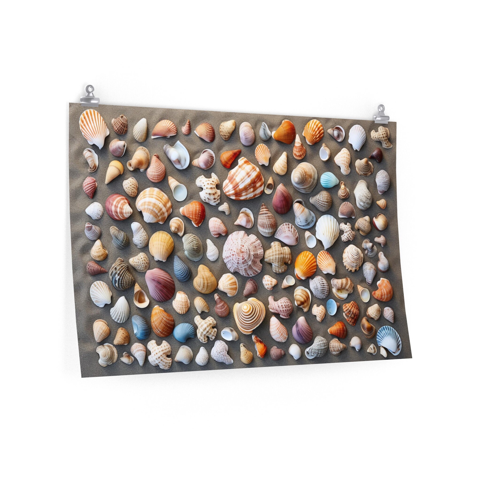 Seashell Poster Matte Horizontal Poster Colorful Seashells on a Sandy ...